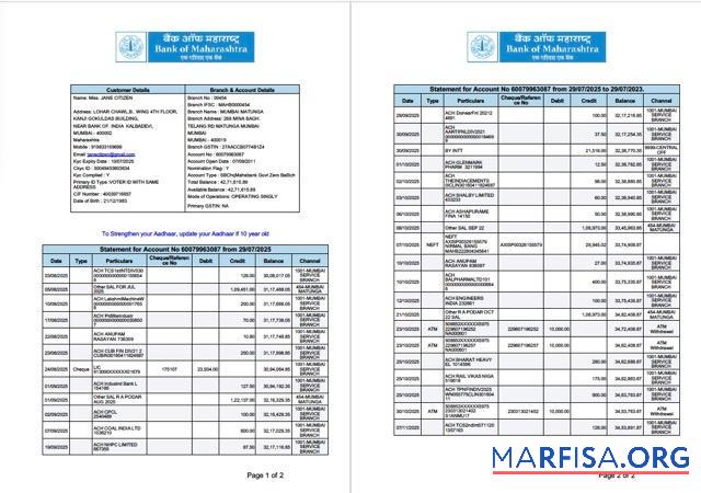 Blank India Bank of Maharashtra statement of account word 2 pages example